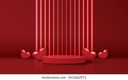 Happy valentines day and stage podium decorated with heart shape. pedestal scene with for product, cosmetic, advertising, show, award ceremony, on red background and light. vector design.