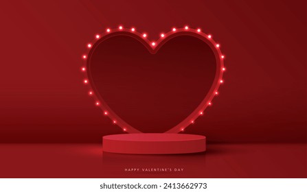 Feliz día de San Valentín y podio escénico decorado con forma de corazón. escena peatonal con para productos, cosméticos, publicidad, espectáculo, ceremonia de premiación, sobre fondo rojo y luz. diseño vectorial.