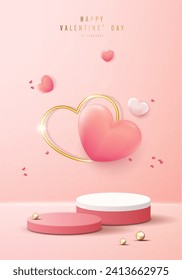 Feliz día de San Valentín y podio escénico decorado con forma de corazón. escena peatonal con para productos, cosméticos, publicidad, espectáculo, ceremonia de premiación, sobre fondo rosa y luz. diseño vectorial.