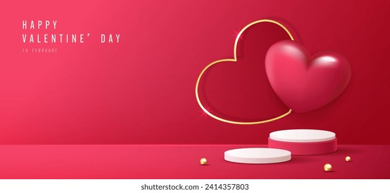 Feliz día de San Valentín y podio escénico decorado con forma de corazón. escena peatonal con para productos, cosméticos, publicidad, espectáculo, ceremonia de premiación, sobre fondo rosa y luz. diseño vectorial.