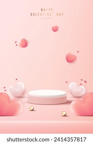 Happy valentines day and stage podium decorated with heart shape. pedestal scene with for product, cosmetic, advertising, show, award ceremony, on pink background and light. vector design.