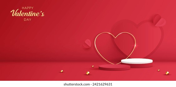 Happy valentines day and stage podium decorated with heart shape. pedestal scene with for product, cosmetic, advertising, show, award ceremony, on red background and light. vector design.