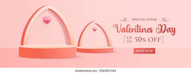 Happy Valentine's Day with stage podium embellished with heart-shaped decorations. ideal for showcasing products, cosmetics, advertisements.