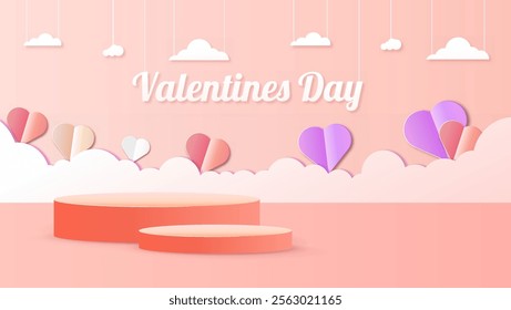 Happy Valentine's Day with stage podium embellished with heart-shaped decorations. ideal for showcasing products, cosmetics, advertisements.