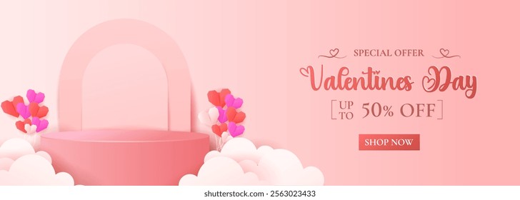 Happy Valentine's Day with stage podium embellished with heart-shaped decorations. ideal for showcasing products.