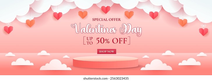 Happy Valentine's Day with stage podium embellished with heart-shaped decorations. ideal for showcasing products.