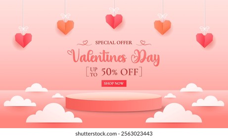 Happy Valentine's Day with stage podium embellished with heart-shaped decorations. ideal for showcasing products.