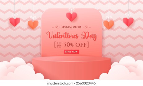 Happy Valentine's Day with stage podium embellished with heart-shaped decorations. ideal for showcasing products.