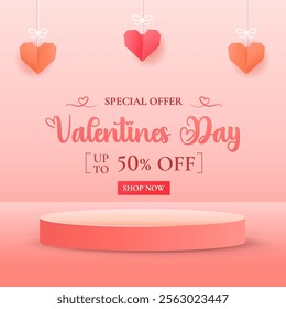 Happy Valentine's Day with stage podium embellished with heart-shaped decorations. ideal for showcasing products.