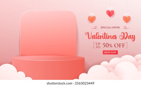 Happy Valentine's Day with stage podium embellished with heart-shaped decorations. ideal for showcasing products.