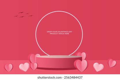 Happy valentine's day and stage podium decorated with Circle shape. pedestal scene with for product, cosmetic, advertising, show, award ceremony, on Red background vector design.