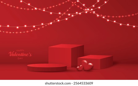 Happy valentines day and stage podium decorated with heart shape. pedestal scene with for product, cosmetic, advertising, show, award ceremony, on red background and light. vector design.