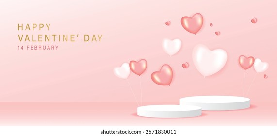 Happy valentines day and stage podium decorated with heart shape balloon. pedestal scene with for product, cosmetic, advertising, show, award ceremony, on pink background and light. vector design.