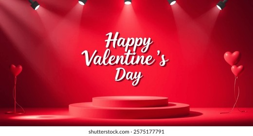 Happy valentines day and stage podium decorated with heart shape. pedestal scene with for product, cosmetic, advertising, show, award ceremony, on red background and light. Illustration vector