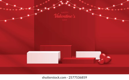 Happy valentines day and stage podium decorated with heart shape. pedestal scene with for product, cosmetic, advertising, show, award ceremony, on pink background and light. vector design.