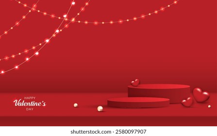 Happy valentines day and stage podium decorated with heart shape. pedestal scene with for product, cosmetic, advertising, show, award ceremony, on red background and light. vector design.