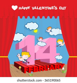 Happy Valentines day. Stage and Red Curtain. Theatrical staging and scenery. Volume letters. Cupid and clouds. Decorative paper flowers. Illustration for February 14 Valentine's day.
