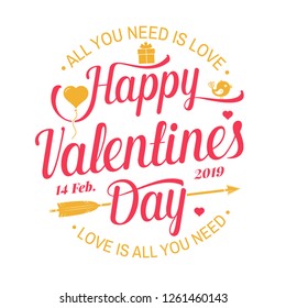 Happy Valentines Day. Stamp, overlay, badge, sticker, card with birds, ribbon and heart. Vector. Vintage typography design for invitations, Valentines Day romantic celebration emblem in retro style.