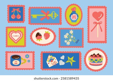 Happy Valentine's Day Stamp Sticker Collection Set. Valentine's Day elements in postage stamps collection. Vector Flat Design Illustration.