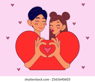 Happy Valentine`s day sticker with cute couple. Vector illustrations in modern style.