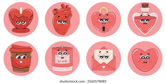 Happy Valentine's Day sticker pack. Love element collection with retro cartoon characters. Heart, love potion, candle, love letter, lock, cup of coffee.