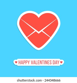 happy valentines day sticker with red heart letter icon. concept of billet-doux, school love and romantic penpals. isolated on blue background. flat style modern logotype design vector illustration