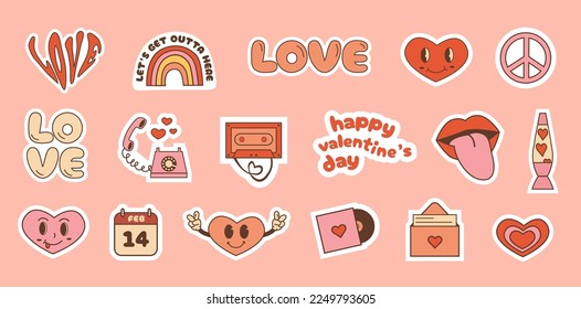 Happy Valentines day sticker set in trendy retro 60s 70s style. Funky groovy hippie graphics. Collection of funny love icons. Vintage y2k dating and romance cliparts. Vector flat illustration isolated