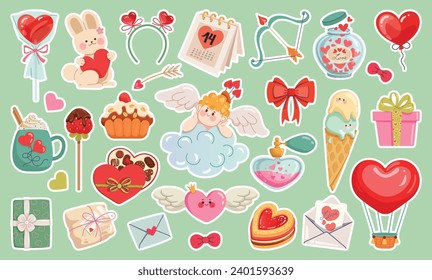 Happy Valentine's Day stickers collection. Decor for Valentine cards, letters, and package design. Vector stickers with love symbols. svg