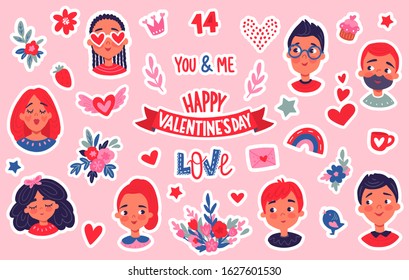 Happy Valentine's Day stickers set. Badges with cute couple, heart, love inscriptions, crown. Boy and girl in love. 14 February. Vector stock illustration in cartoon style.