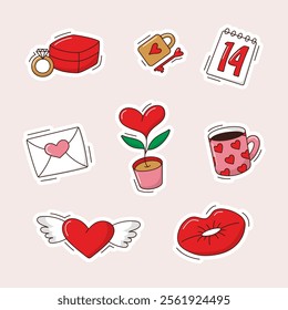 Happy Valentine's Day stickers set. Cute Vector illustration an 14 february