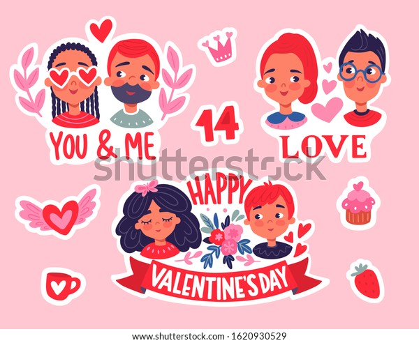 Happy Valentines Day Stickers Set Badges Stock Vector Royalty Free