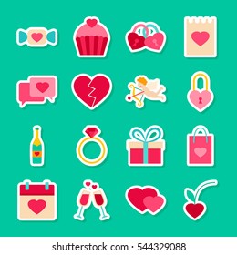Happy Valentines Day Stickers. Vector Illustration. Collection of Love Holiday Symbols.