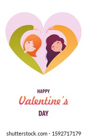 Happy Valentine's day stock vector illustration. Two women make hands a heart sign. LGBT community. Love romantic card with withes. For web, print, card, postcard end etc.  