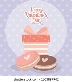 happy valentines day striped gift box and sweet cookies hearts romantic vector illustration