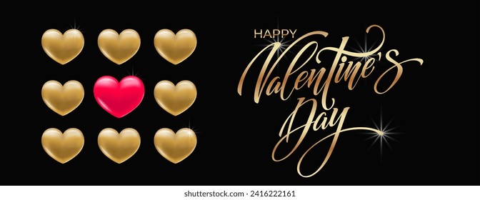 Happy Valentine's Day stylish black and gold. Vector handwritten lettering. With a beautiful background of 3D hearts. Vector illustration. Text for a card or invitation.