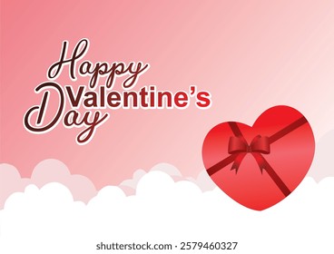 Happy Valentine's day with stylish Heart tied with peace ribbon. Pink Valentine card. Valentine's background with love, clouds and hearts. Illustrations, graphic designs, banners, posters, postcards, 
