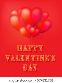 Happy Valentines day stylish love card with red heart balloons on a red background. Luxury Elegant Happy Valentines Day and wedding festive layout template design.