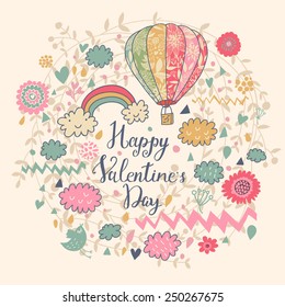 Happy Valentine's Day. Stylish vector card in vintage colors with rainbow, clouds, bird, air balloon, text and hearts