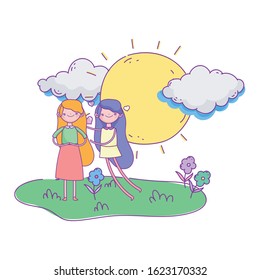 happy valentines day, sunny day grass and cute girls love vector illustration