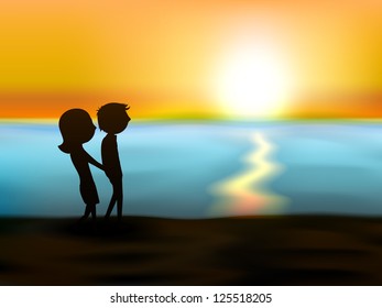 Happy Valentines Day sunset love background with silhouette of young couples holding hands on the sea beach . EPS 10.