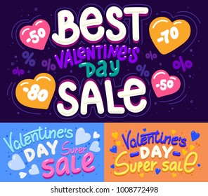 Happy Valentine's day Super sale modern banner design Set. Promotional discount font card. Vector text illustration art for your design