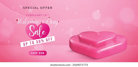 Happy valentines day super sale background with stage podium decorated with heart. Pedestal scene with for product, cosmetic, advertising, show, award ceremony, on pink background. Vector Illustration