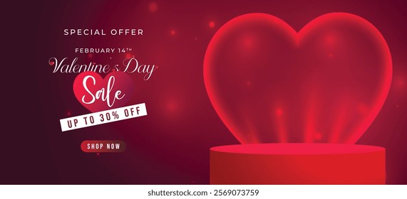 Happy valentines day super sale background with stage podium decorated with heart. Pedestal scene with for product, cosmetic, advertising, show, award ceremony, on red background. Vector Illustration