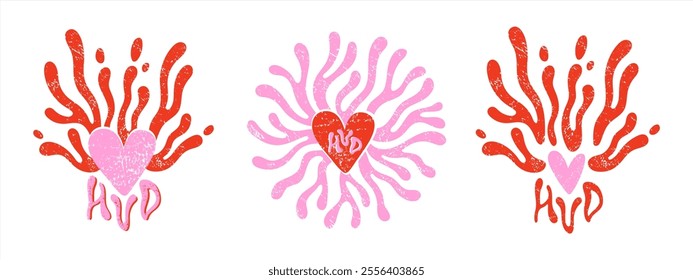 Happy Valentine's Day surreal psychedelic graphic design elements card templates set. Linocut relief printing texture. Textured grungy hearts, fluid organic blob wavy rounded sprouts. HVD lettering