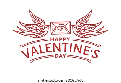 happy valentine's day with swallow couple and love envelope, love letter in line art design      