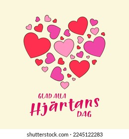 Happy Valentine's Day in Swedish (Glad alla Hjärtans Dag). Card template. Cartoon. Vector illustration