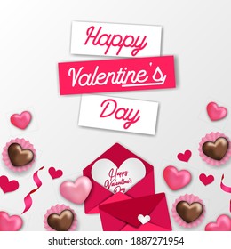 happy valentine's day sweet banner template with pink love heart decoration and love letter envelope and chocolate.