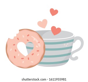 happy valentines day sweet bite donut and coffee cup hearts vector illustration