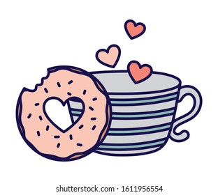 happy valentines day sweet bite donut and coffee cup hearts vector illustration