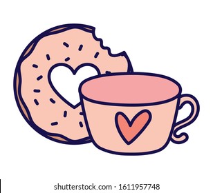 happy valentines day sweet bite donut and coffee cup vector illustration